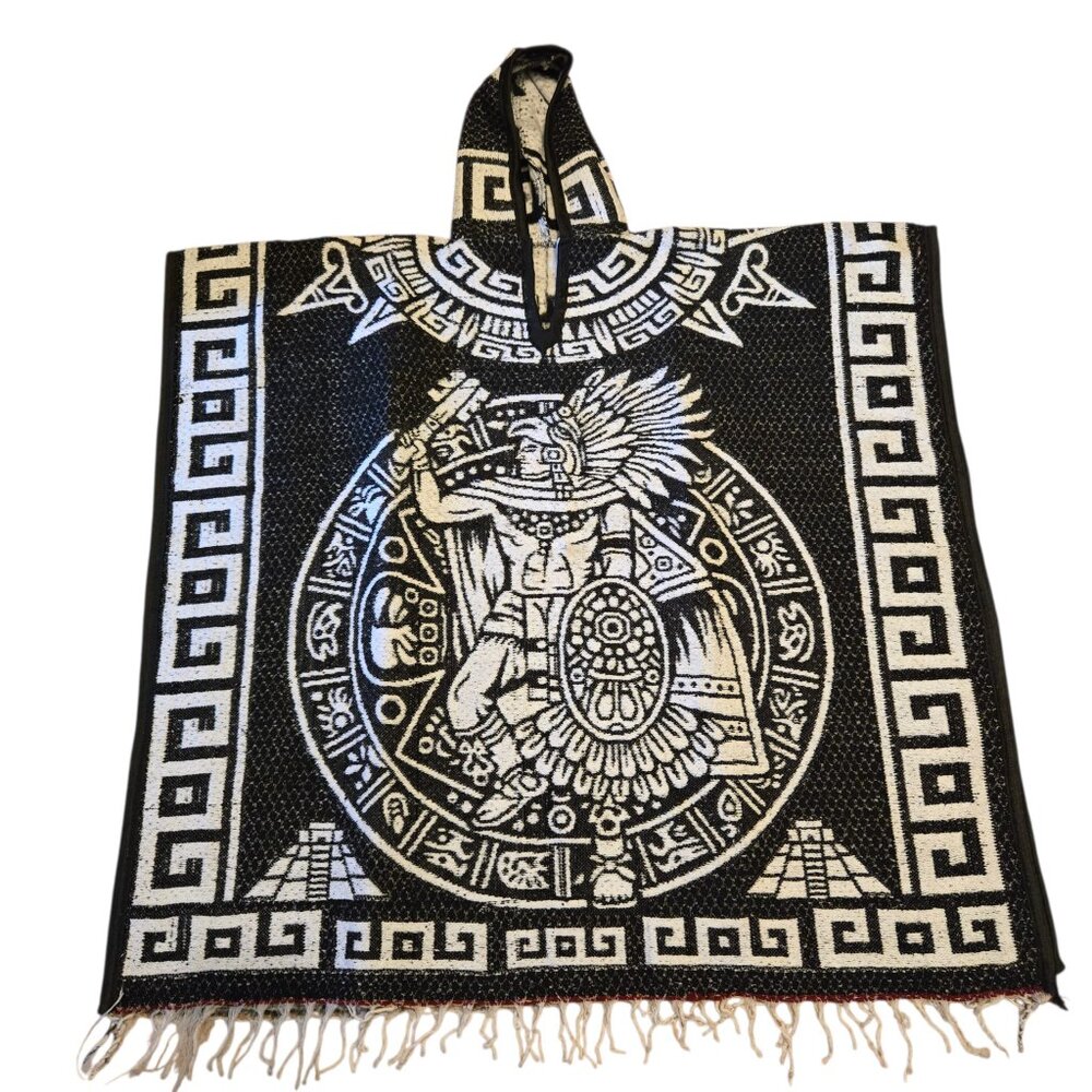 Mexican Poncho with National Emblem and Aztec Calendar Design | Black